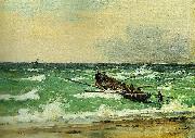 Martinus Rorbye fiskere fra skagen scetter en bad ud for gennem det oprorte hav at na en jagt i havsnod oil on canvas